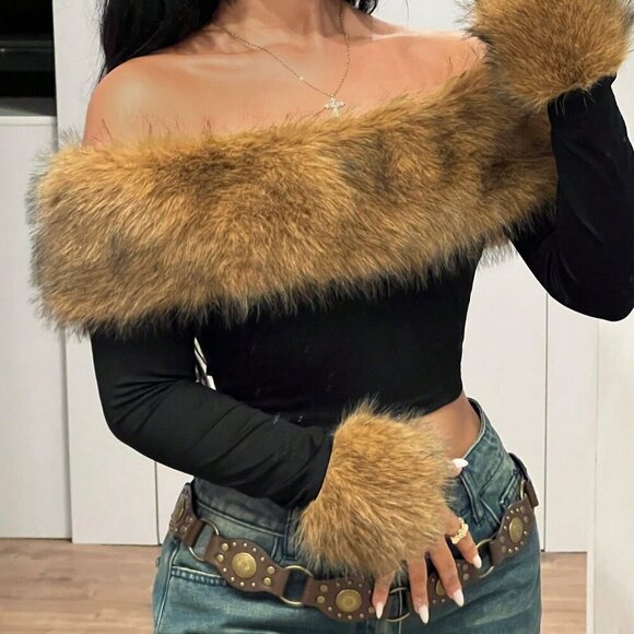 Multicolor Casual Women's Fluffy Collar Splice Off Shoulder Long Sleeve T-Shirt - Picture 5 of 6